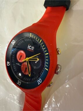 Ice Red Silicone Chronograph Watch with Black Dial and Yellow Accents